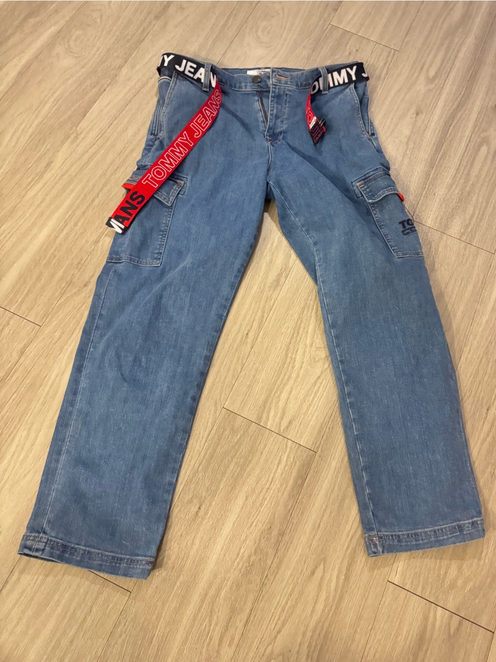 Tommy Hilfiger Blue Denim Cargo Jeans with Red Strap